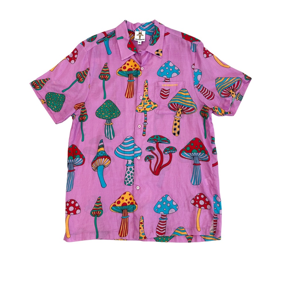 Loudmouth Purple Mushroom Print Cotton Short Sleeve Button Up Shirt - Mens XL
